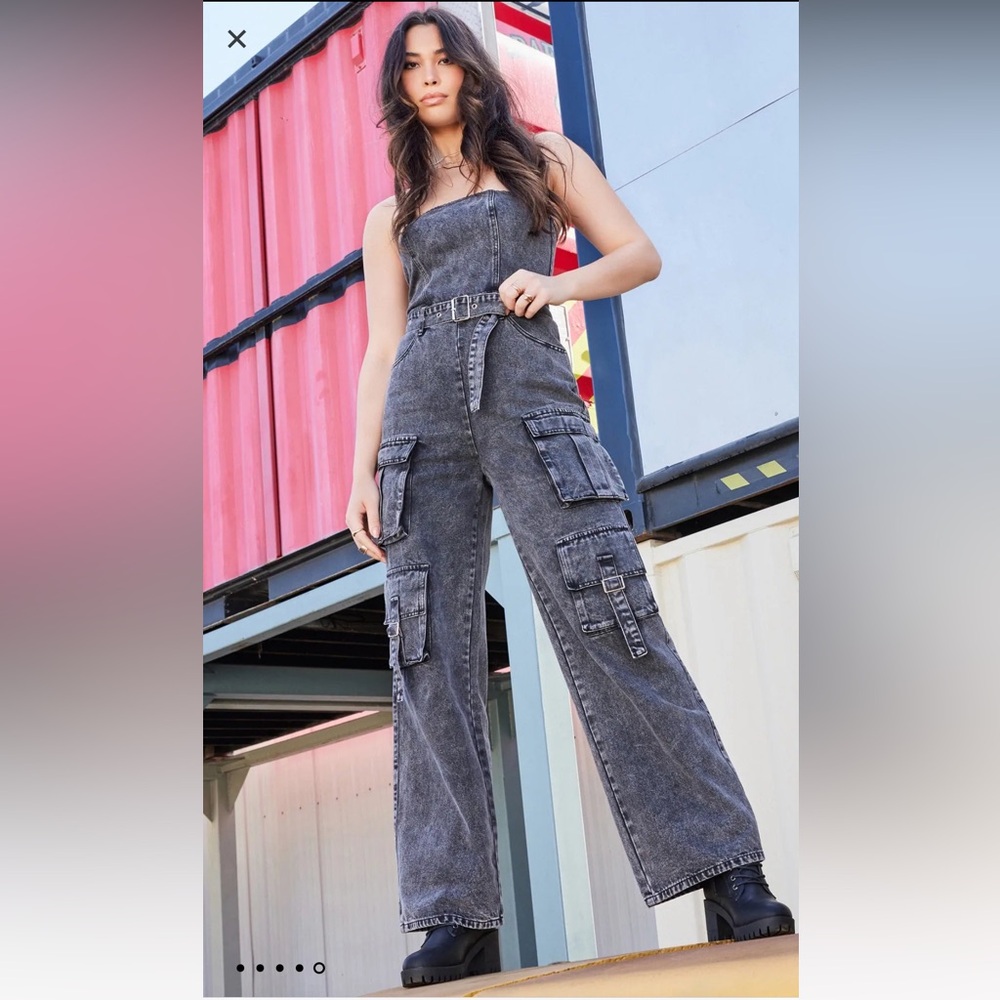 Windsor Pit Stop Strapless Cargo Acid Wide-Leg Denim Jumpsuit